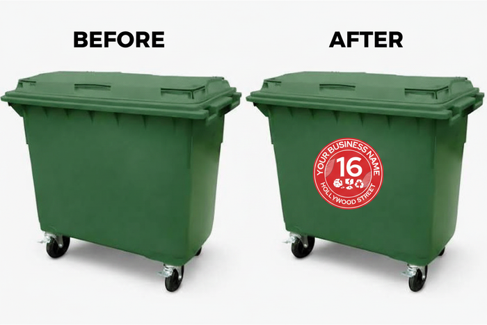 Before & After - Bin ID Label on 1100L Nature Green Wheelie Bin